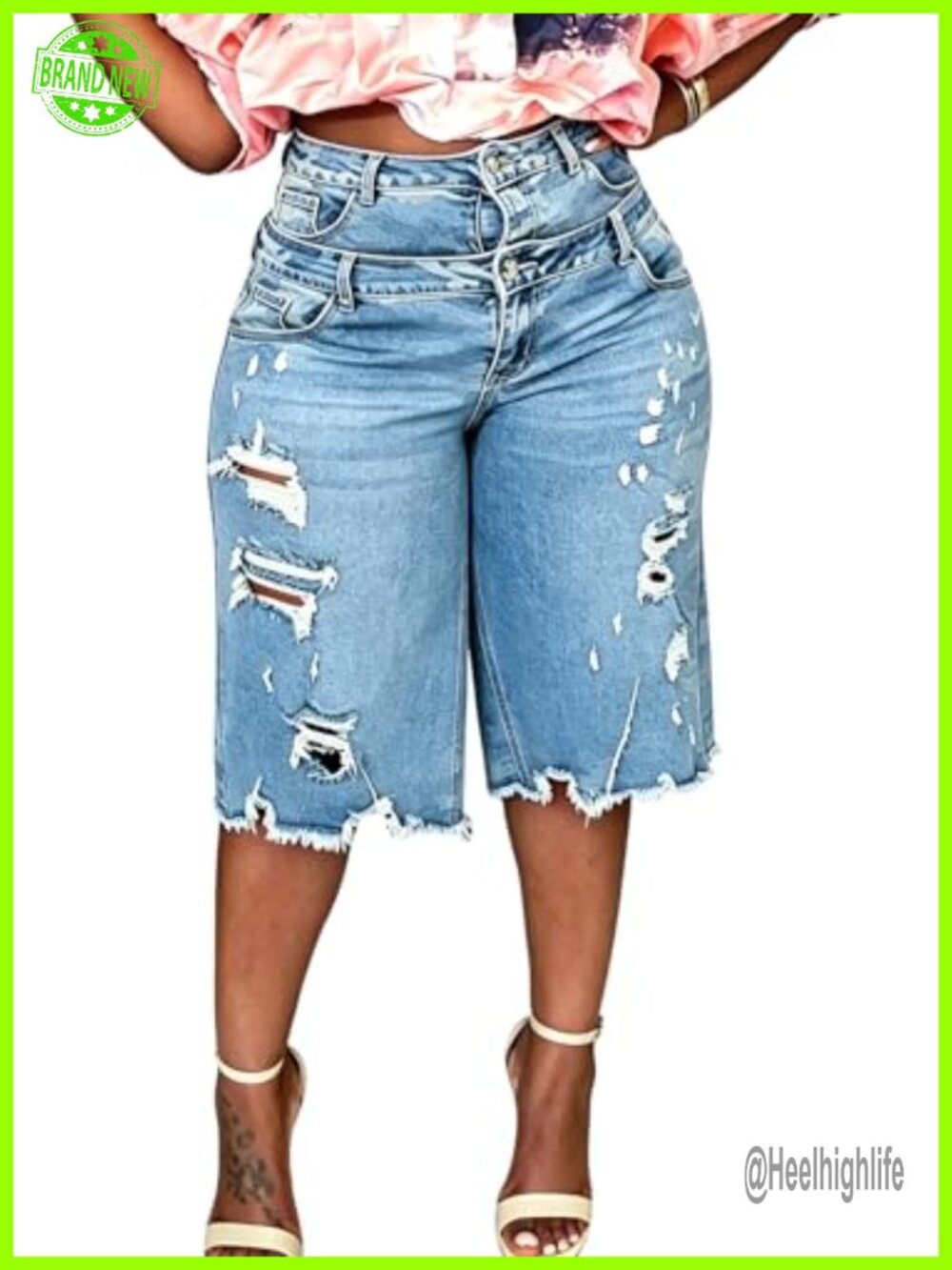 Women Ripped Bermuda Denim Shorts Wide Leg Distressed Cargo Jorts Raw Hem Y2K